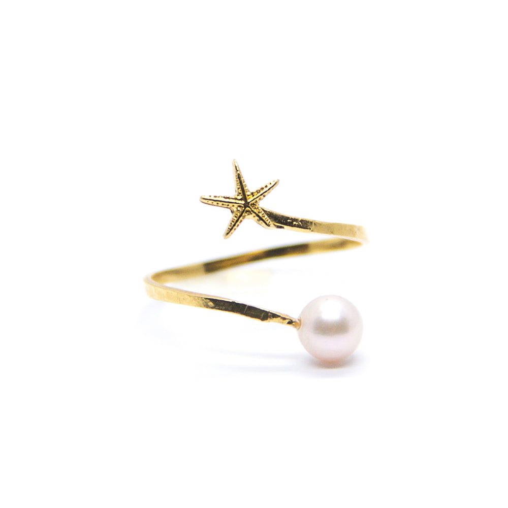 Mini Starfish with White Pearl Spiral Ring